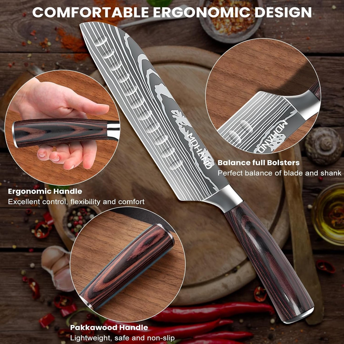 MDHAND 7" Santoku Knife - Ultra Sharp Japanese Chef Knife, Forged German Stainless Steel Chopping Knife with Ergonomic Pakkawood Handle Design, Home Cooking Gifts for Women and Men