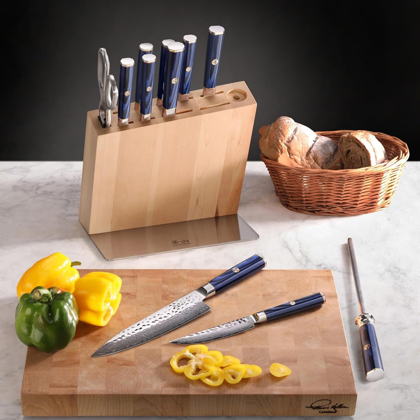 Cangshan KITA Series 12-Piece Knife Block Set, HUA Ash Wood Block, 501790 (Blue, 12pc)