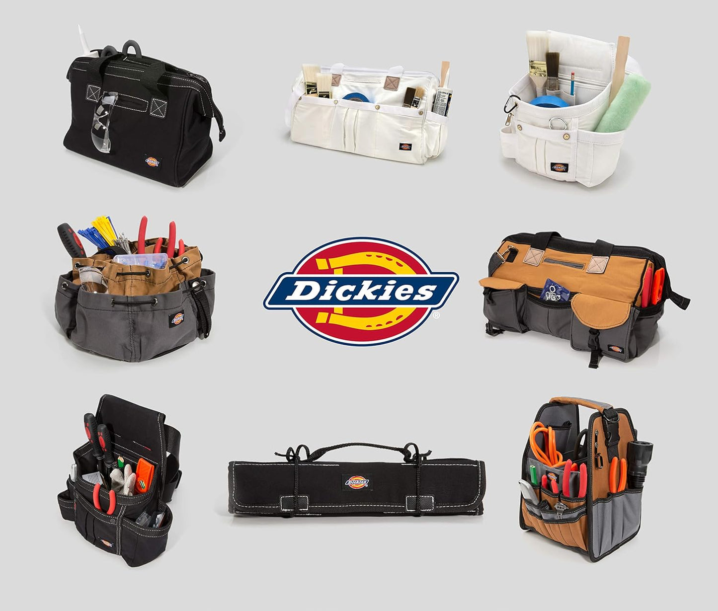 Dickies 20-Inch Durable Canvas Work Bag for Painters, Carpenters, and Builders, Heavy-Duty Zipper, Reinforced Handles, Exterior Pockets, Shoulder Strap, White