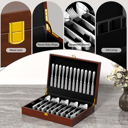 Solid Walnut Silverware Storage Box, 2-Layer Silverware Chest with Drawer, Flatware Case with Lid and Felt Lined, Wood Flatware Storage Box Holds 12-16 Sets of Utensils, Wedding Housewarming Gifts
