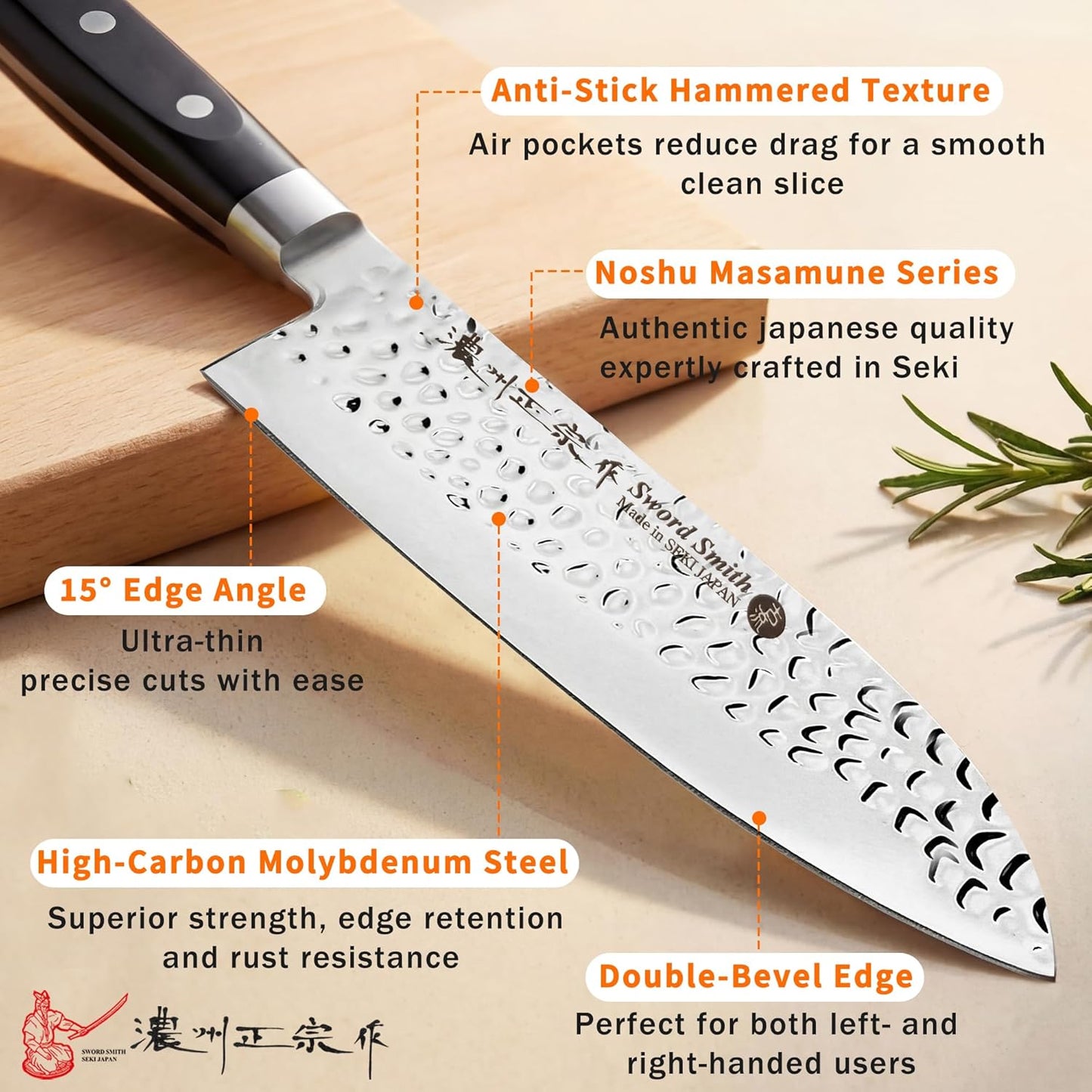 8 Inch Japanese Chef Knife, Made in Japan, Full Tang High Carbon Molybdenum Stainless Steel Gyuto Knife with Hammered Finish for Rock Chopping Meat, Fish and Vegetables