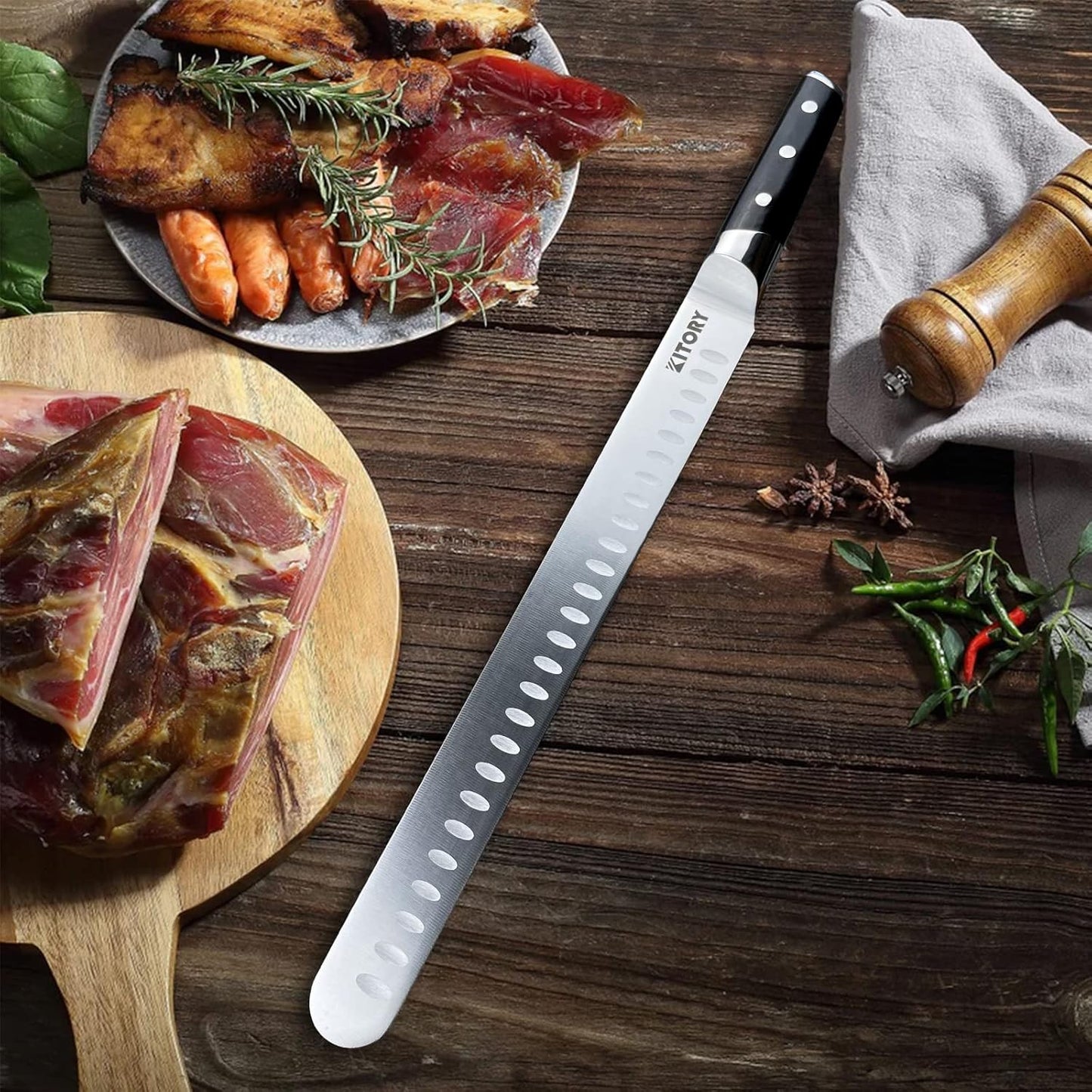 Kitory Slicing Carving Knife - 12" Brisket Knife - Pakka Wood Handle - Forged German High Carbon Steel Granton Blade, BBQ, Grilling Gifts For Men -Metadrop Series