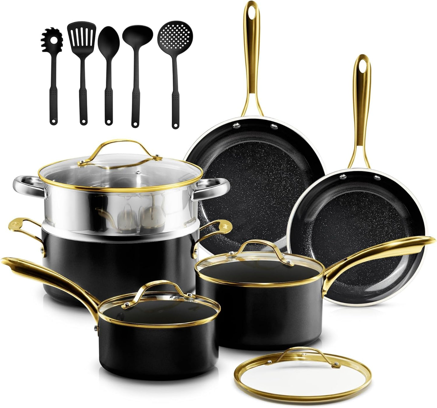 Gotham Steel 20pcs Pots and Pans Set Non Stick Ceramic Cookware Set with Deep Frying Pan Set & 6pc Knife Set, Improved Ti-Cerama Coating Made without PFOA PFOS Lasts 2x Longer, Oven & Dishwasher Safe