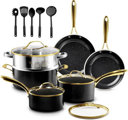 Gotham Steel 20pcs Pots and Pans Set Non Stick Ceramic Cookware Set with Deep Frying Pan Set & 6pc Knife Set, Improved Ti-Cerama Coating Made without PFOA PFOS Lasts 2x Longer, Oven & Dishwasher Safe