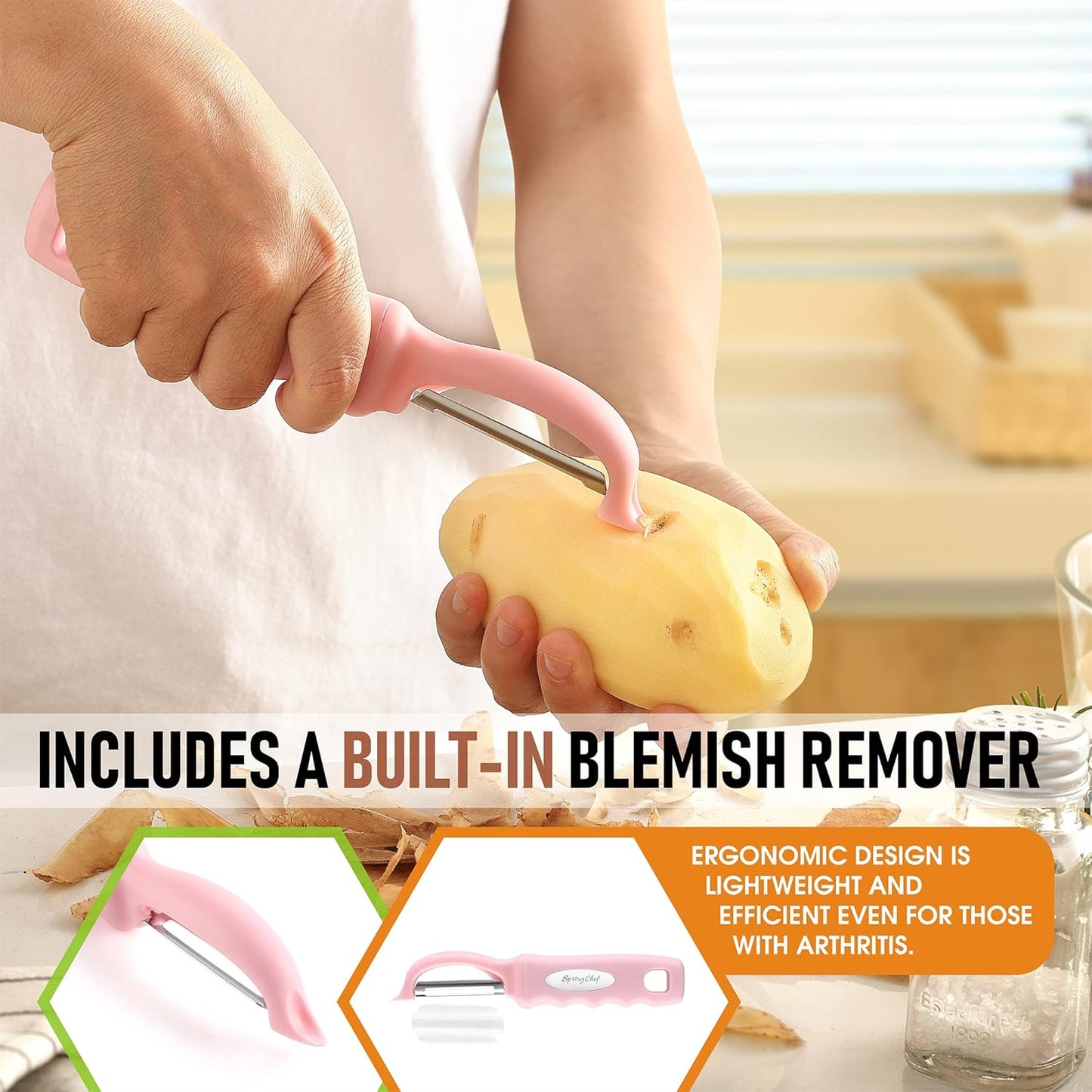 Spring Chef Premium Swivel Vegetable Peeler, Soft Grip Handle and Ultra Sharp Stainless Steel Blades - Perfect Kitchen Peeler For Veggie, Fruit, Potato, Carrot, Apple - Black