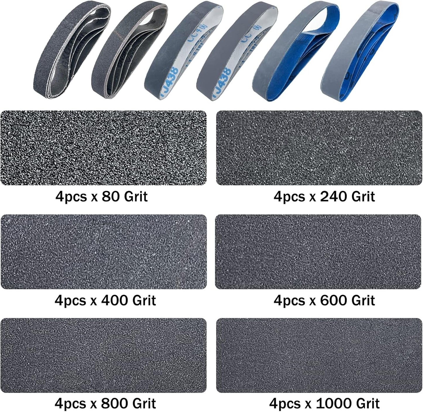 1x30 Inch Silicon Carbide Sanding Belts, 4 PCS Each of 80,120, 240, 400, 800,1000 Grits Knife Sharpening Belt Kits for 1 x 30 Inch Belt Sander, 24 Pack