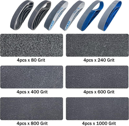 1x30 Inch Silicon Carbide Sanding Belts, 4 PCS Each of 80,120, 240, 400, 800,1000 Grits Knife Sharpening Belt Kits for 1 x 30 Inch Belt Sander, 24 Pack