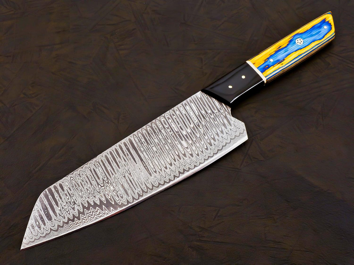 Damascus Steel Bunka Chef Knife, 13 Inch, Blue & Yellow Pakkawood Handle, Forged, with Leather Sheath