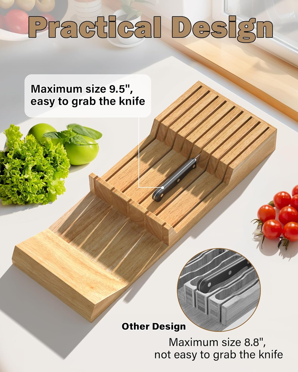 Cook N Home Basics Durable Wood Cutlery Holder, Knife Storage Block Organizer, Made of Rubber Wood, Polished Surface, Suitable for Drawers, 9-Slot
