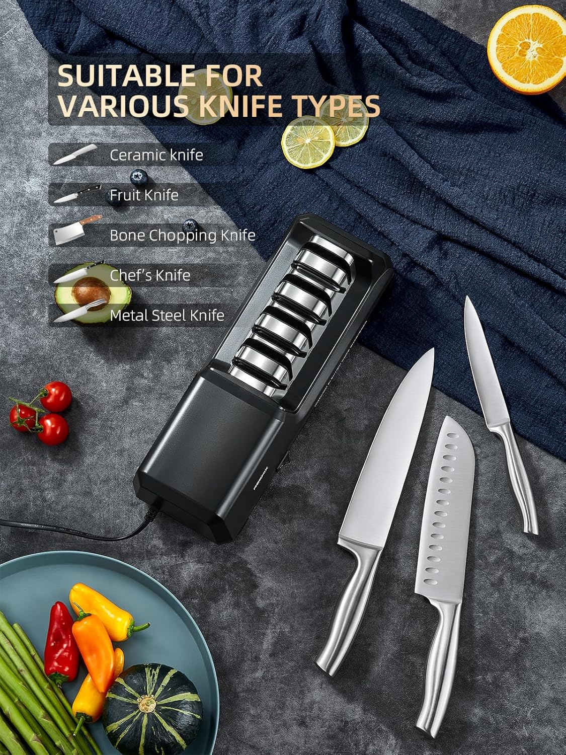 Reemix Electric Knife Sharpener with 4-Stage Sharpening (Repair, Coarse, Medium, Fine & Polish), 20° Fixed Angle, Non-Slip Base & Metal Shavings Collector for Kitchen Knives (Sliver)