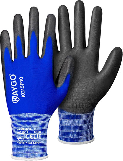 KAYGO Ultra Thin PU Coated Safety Work Gloves, 12 Pairs Nylon Knit, High Dexterity Anti-Slip Breathable Light Duty Gloves for Precision, Warehouse, DIY & Electronics (L,Gray)
