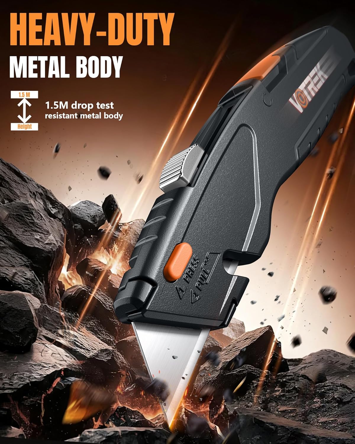 VOTREK® Box Cutter Retractable| Metal Utility Knife Set【Built-In Storage】 Tool-Free Quick Blade Change| Safety Lock| Extra 10 Sharp SK5 Blades| 2-Pack Heavy Duty Razor Knife for Cardboard & Plastic