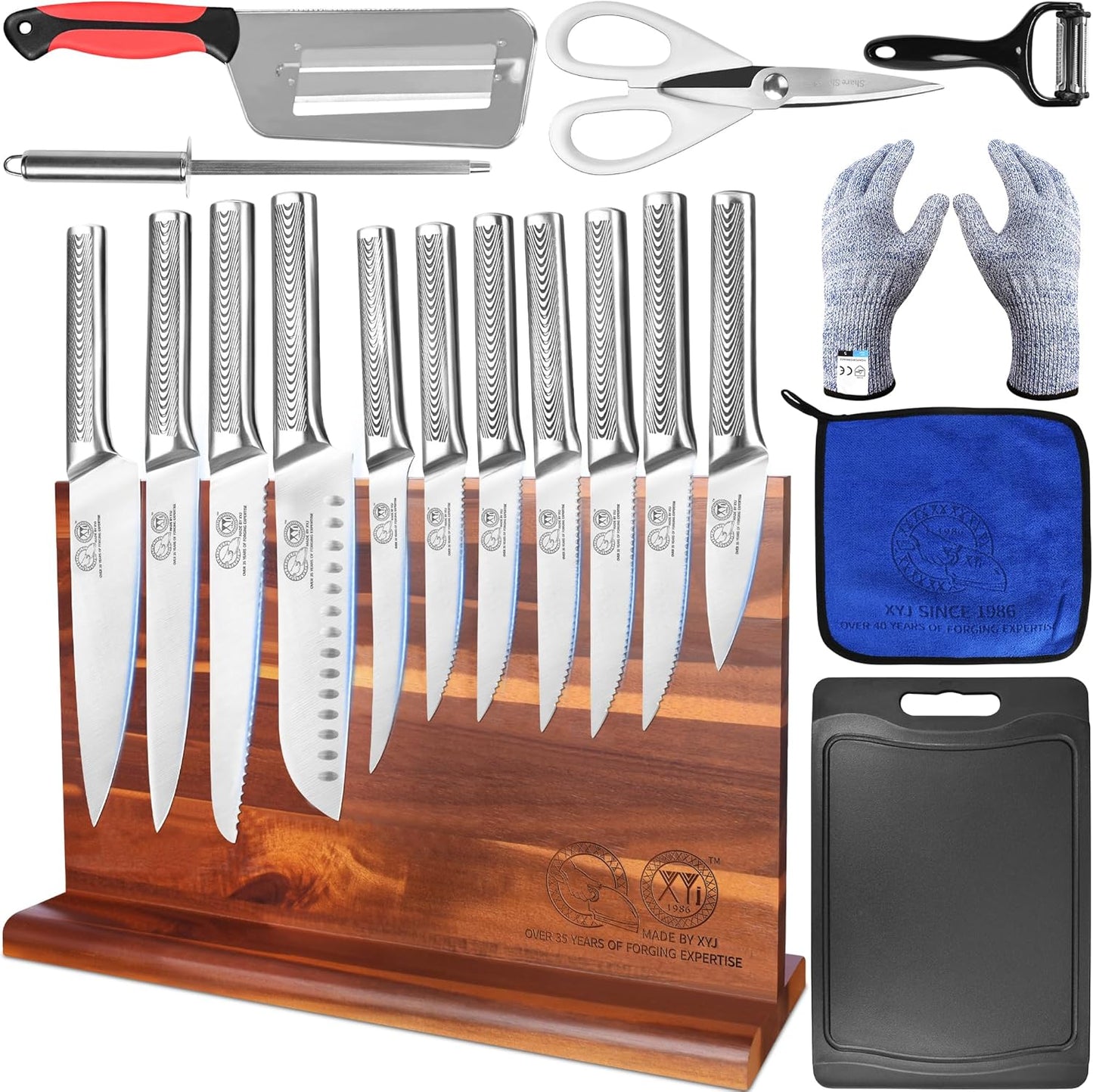XYJ Kitchen Knife Block Set,Stainless Steel Knives Set with Magnetic Knife Block,Scissors,Gloves,Honing Steel,Japanese Style Paring Boning Steak Slicing Santoku Chef Knives,Resin Handle