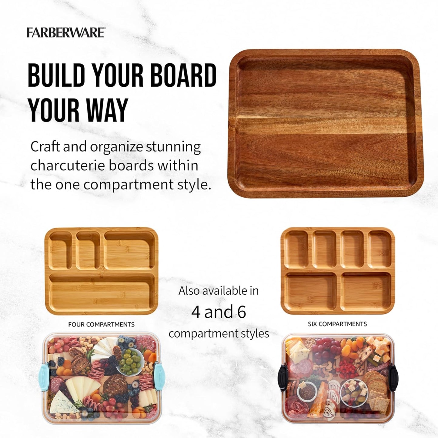 Farberware Build-A-Board Bamboo Cutting Board with Single Storage Compartment, Clear Locking Lid, Black Handles, Perfect for Charcuterie & Snacks