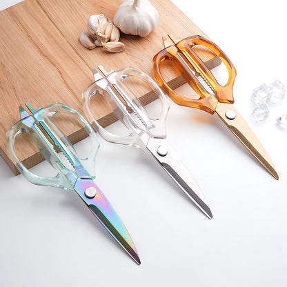 Jasni Transparent Handle Stainless Steel Sharp Powerful Kitchen Scissors Multi-Purpose Heavy Duty Food Scissors Kitchen Shears Chicken Poultry bone fish scales (Amber handle gold blade)
