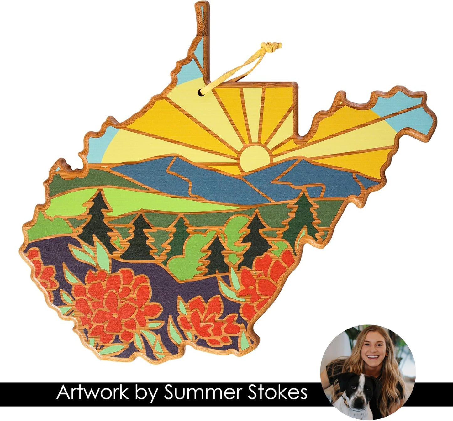 Totally Bamboo North Carolina State Shaped Cutting Board and Charcuterie Serving Platter with Artwork by Summer Stokes, Includes Hang Tie for Wall Display 18" x 8" x 5/8" - Colors A