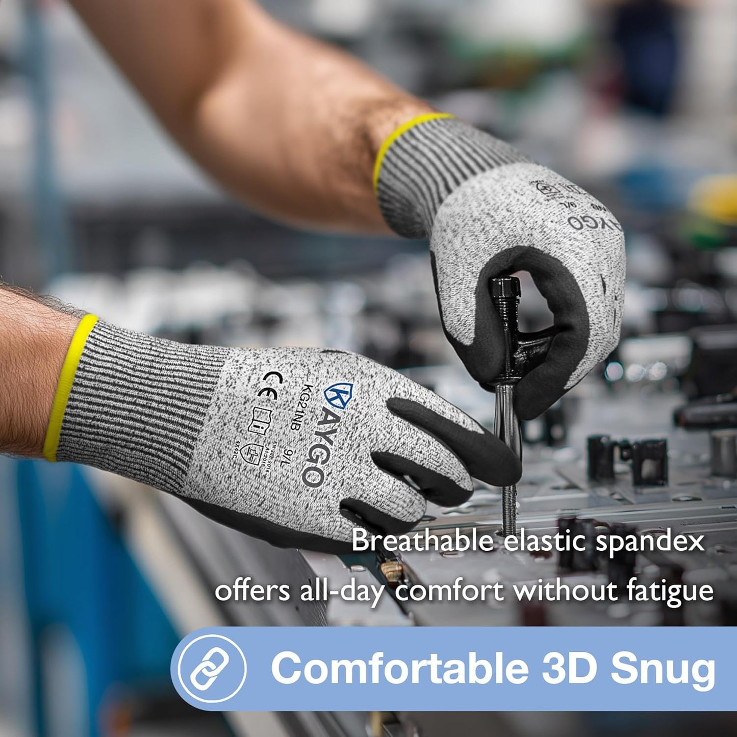 KAYGO 12 Pairs Cut Resistant Work Gloves for Men and Women,ANSI A3 Cutting Gloves,Nitrile Micro-Foam Safety Work Gloves KG21NB,Ideal for Wood Carving,Glass Handling, Construction,Fishing,Grey,S