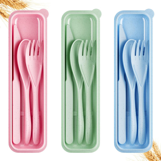 Quatish Reusable Travel Utensils with Case,4 Sets of Camping Utensils,Portable Wheat Straw Utensil (Knife, Fork, Spoon) for Lunch Box,Kitchen, Travel, Picnic & Daily Use - Easy to Clean (Multi-Color)