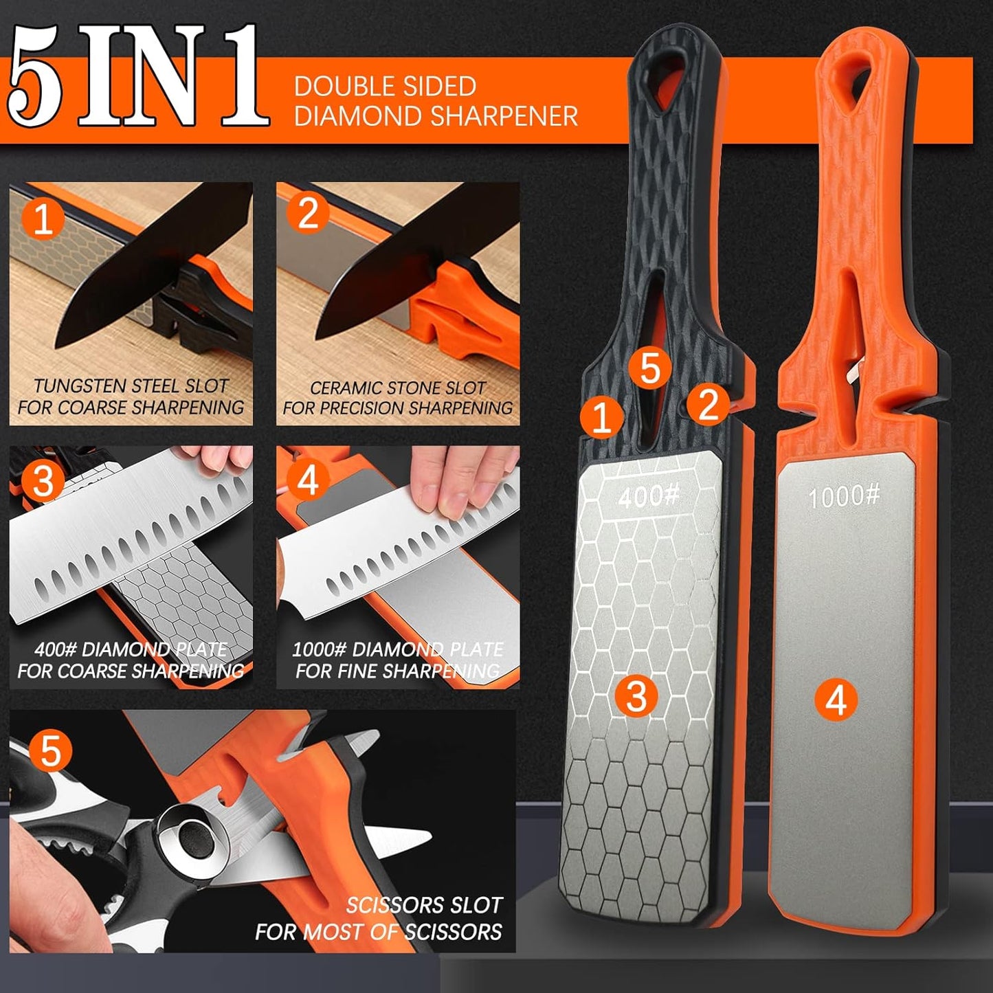 Diamond Sharpening Stone,400/1000 Grit Handheld Double-Sided Diamond Sharpener 5 in 1 Honeycomb Surface Knife Sharpener Plate Whetstone with Ceramic & Tungsten Steel Scissor Slot,Red