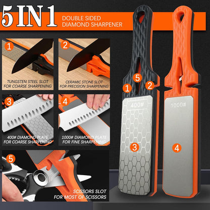 Diamond Sharpening Stone,400/1000 Grit Handheld Double-Sided Diamond Sharpener 5 in 1 Honeycomb Surface Knife Sharpener Plate Whetstone with Ceramic & Tungsten Steel Scissor Slot,Red