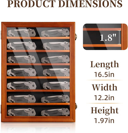 7 Row Knife Display Case for Wall Wooden Folding Knife Storage Stand with HD Tempered Glass & Removable Shelves Military Knife Organizer for Collections - Black