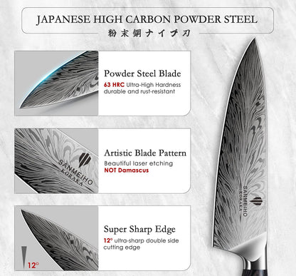 5PCS Knife Set, Kitchen Knife Sets in Powder Steel, Ultra Sharp Japanese Knives Set High Carbon Steel Chef Knives Sets, Cooking Knives Set with Ergonomic Pakkawood Handle
