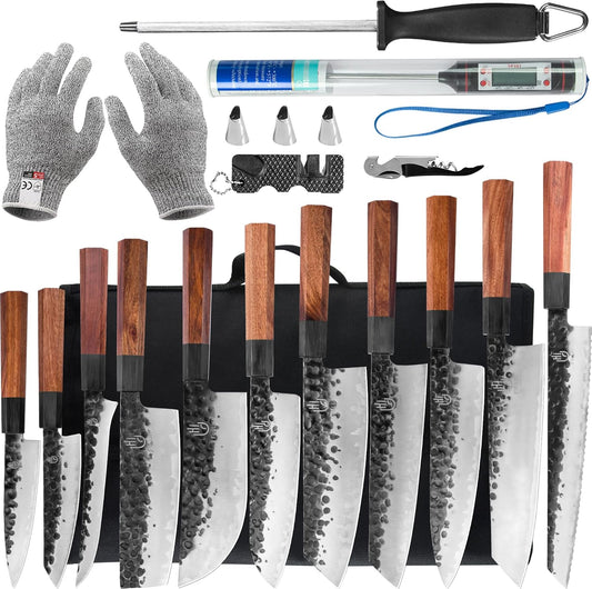 FULLHI 12pcs Japanese Gyuto Chef Knife set Professional Hand Forged Kitchen Chef Knife, 3 Layers 9CR18MOV High Carbon Meat Sushi Knife Rosewood Handle with knife bag