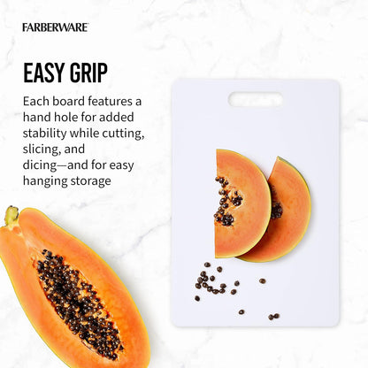 Farberware Plastic Cutting Board Set, Dishwasher- Safe Poly Chopping Board for Kitchen with Easy Grip Handles, Set of 3, White