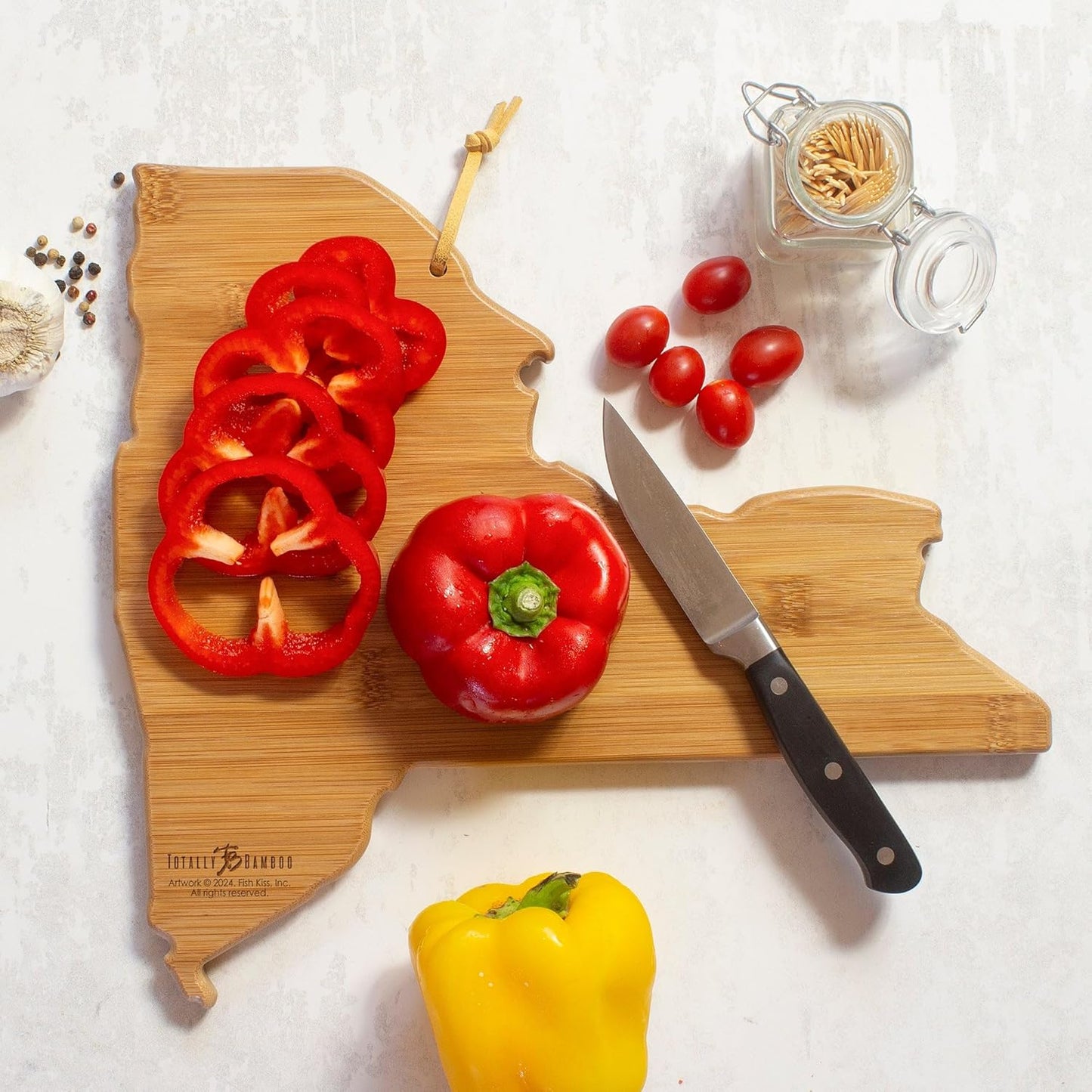 Totally Bamboo Tennessee State Shaped Cutting Board and Charcuterie Serving Platter with Artwork by Fish Kiss, Includes Hang Tie for Wall Display - Colors A