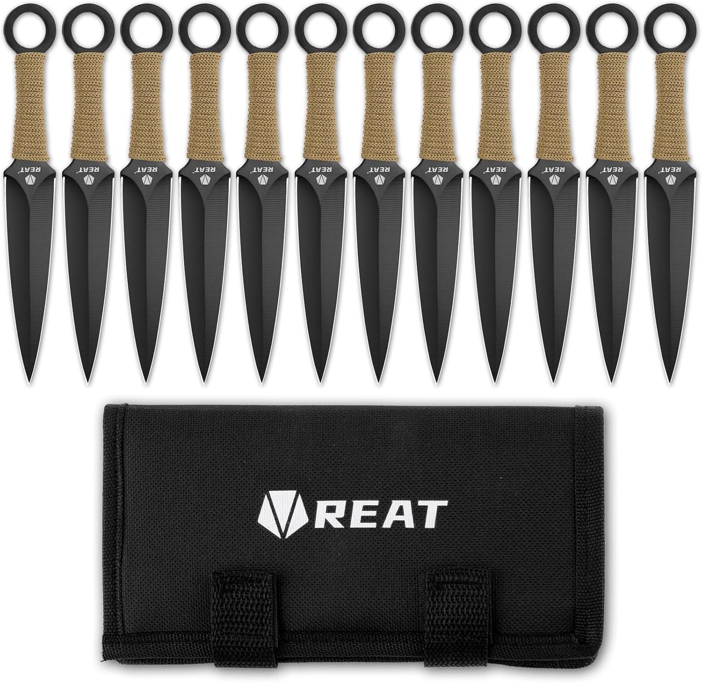 REAT Throwing Knives - 12 Piece, 6.5" 440 Stainless Steel with Green Cord-Wrapped Handle, Includes Nylon Carrying Case for Safe Storage,Ninja Kunai Knives for Competition,Recreation (Black/Green)