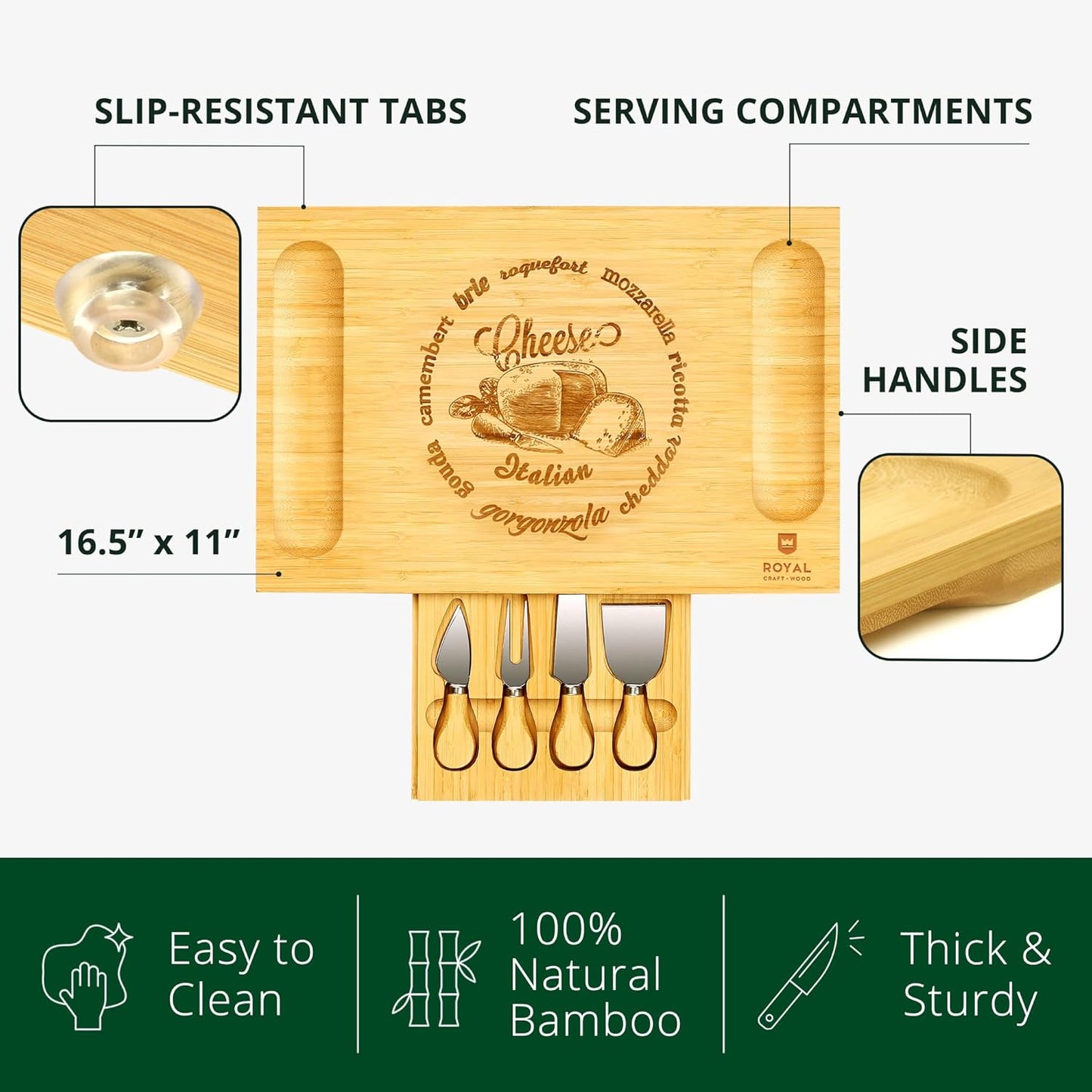 ROYAL CRAFT WOOD Extra Large Cheese Board - Bamboo Cheese Board and Knife Set - Charcuterie Board Set, Charcuterie Platter & Serving Tray
