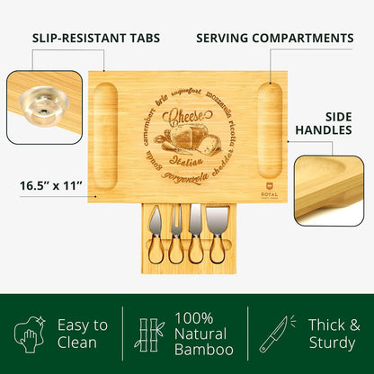 ROYAL CRAFT WOOD Extra Large Cheese Board - Bamboo Cheese Board and Knife Set - Charcuterie Board Set, Charcuterie Platter & Serving Tray