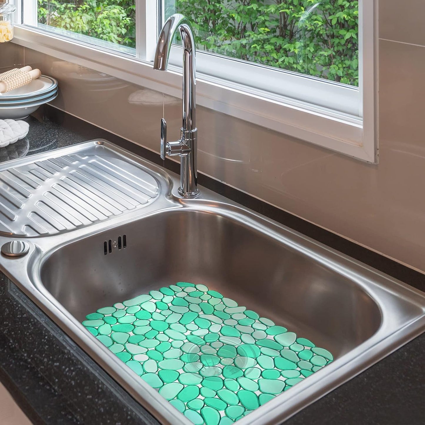 Coopay Kitchen Sink Mat Pebble Protect Mat PVC Eco-friendly Adjustable Stainless steel/ Porcelain Dish Drying Pad Protector for Bottom of Kitchen Sink, 15.8 x 11.8 inches (2 Pack, Black and Gray)