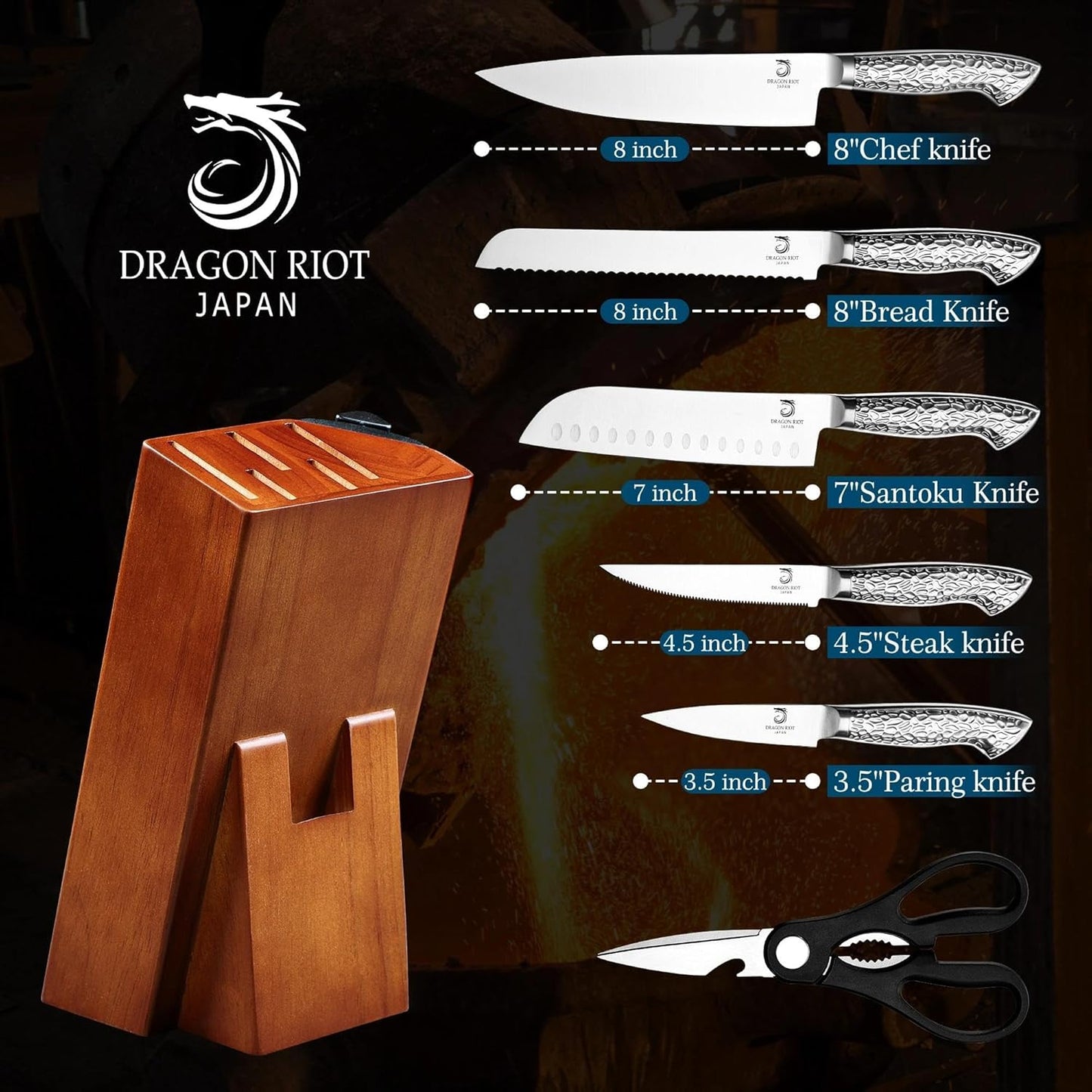 DRAGON RIOT Knife Set with Wood Block - Stainless Steel Kitchen Knives Block Set with Built in Sharpener, Dishwasher Safe, Non-Slip Ergonomic Handle - Gift for Men Women and Housewarming