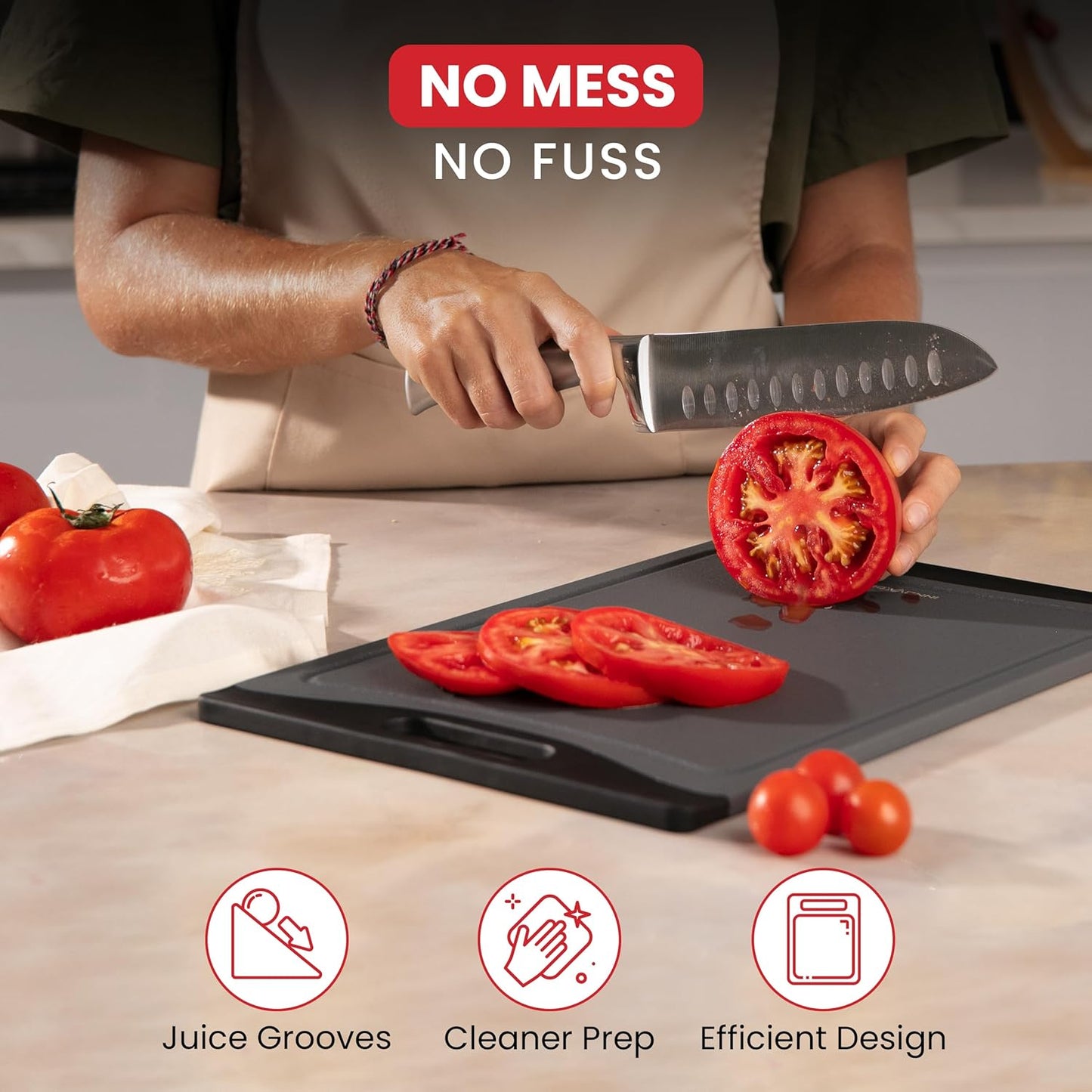 Plastic Cutting Boards for Kitchen (Gray/Black) - 3-Pack of Non-Slip and Reversible Plastic Cutting Board Set for Easy Slicing - Knife-Friendly Chopping Board Set with Juice Grooves