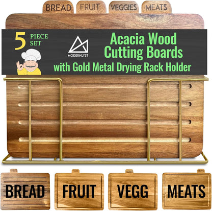Acacia Cutting Boards for Kitchen with Holder 13" x 11" x 2.5" | Labeled Wood Cutting Board Sets | Large Wooden Cutting Board Set of 4 with Black Organized Stand | Non Toxic Chopping Board