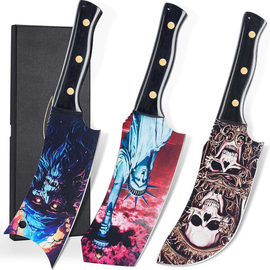 Topfeel 3PCS Color-Coded Coated Butcher Knife Set, Hand Forged Meat Cleaver & Bone Chopper & Butcher knives, Meat Cutting Kitchen Knife Set for Home, Outdoor Cooking, Camping BBQ