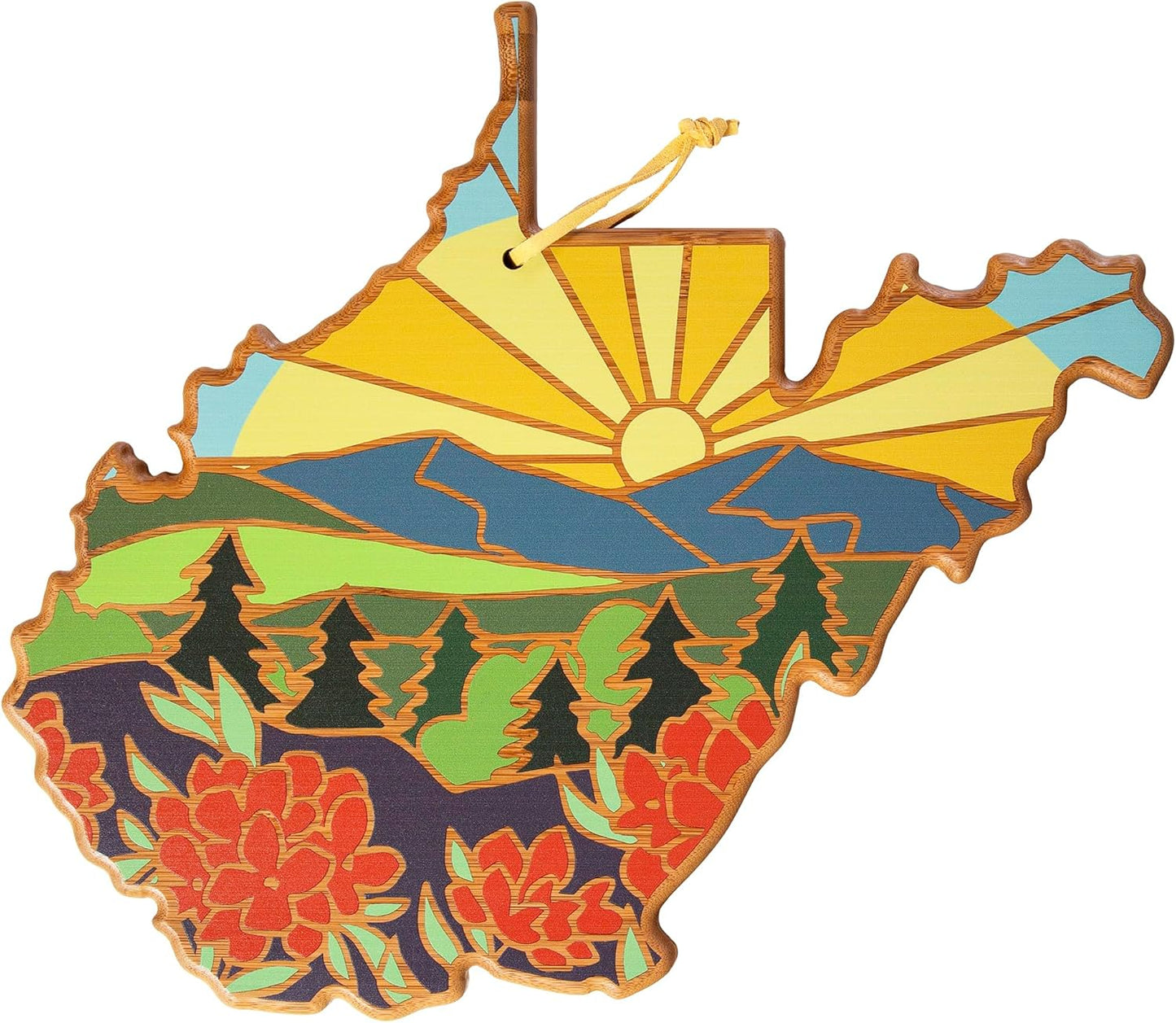 Totally Bamboo North Carolina State Shaped Cutting Board and Charcuterie Serving Platter with Artwork by Summer Stokes, Includes Hang Tie for Wall Display 18" x 8" x 5/8" - Colors A