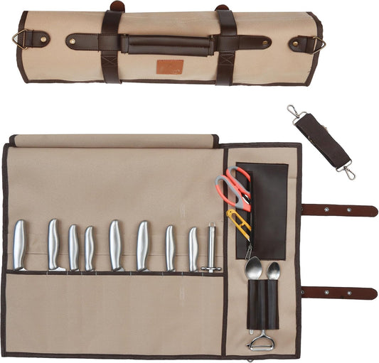Chef Knife Roll Bag 9 Knife Slots - Durable Water-Resistant Canvas Knife Carrying Case Adjustable Leather Shoulder Strap & Handle - Fits 12” Knives & Honing Steel -Culinary Travel-Friendly