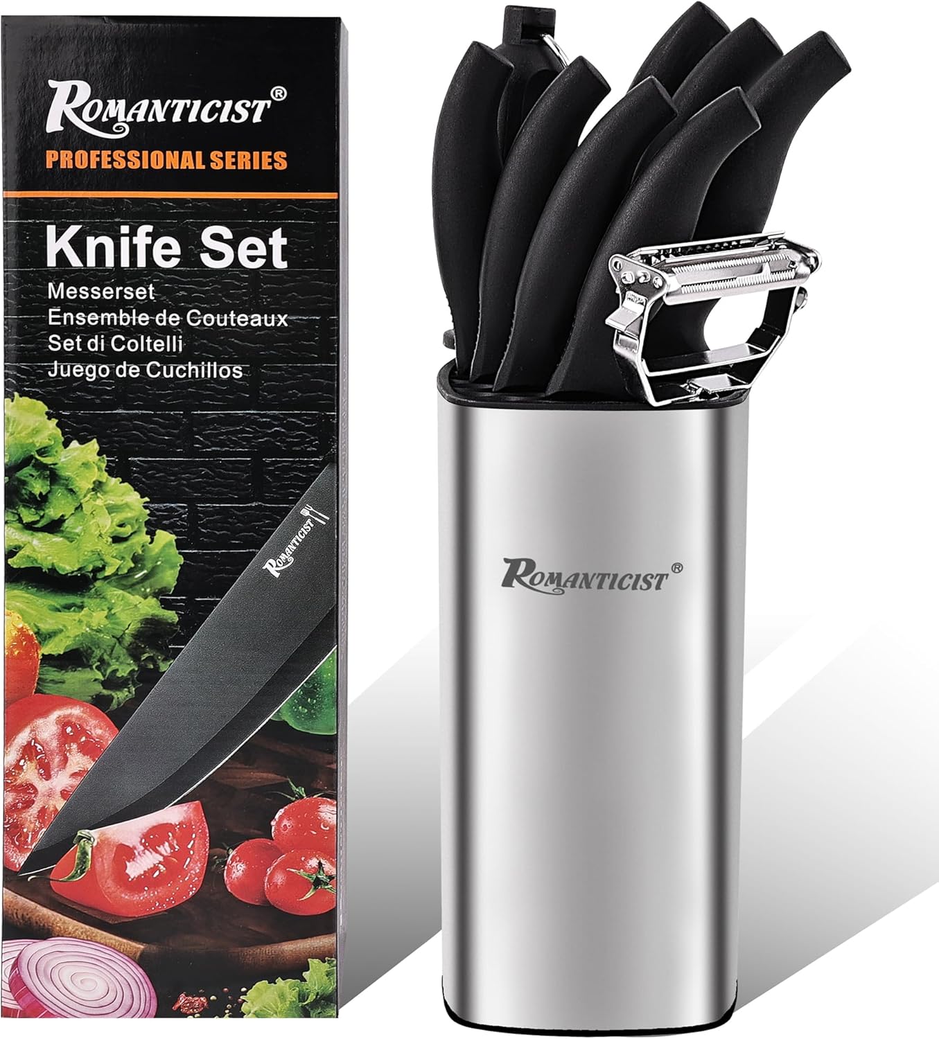 ROMANTICIST Knife Set, 10 Pieces Knife Block Set - Stainless Steel Kitchen Knives with Sharpener and Cheese Knife, Non-Slip Ergonomic Handles, Exquisite Knives Set - Stylish Black