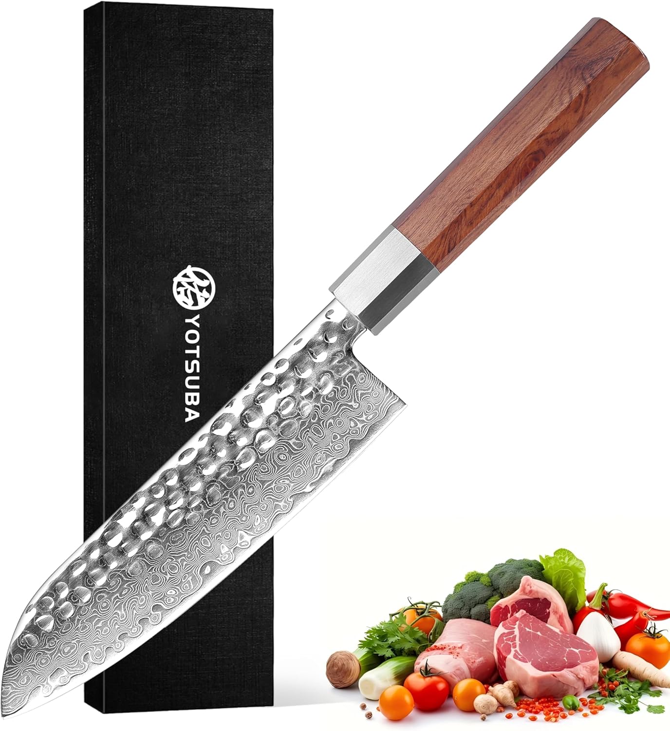 YOTSUBA 3PCS Japanese Damascus Chef Knife Set – Ultra Sharp Hand-Forged High Carbon Steel Blades with 100% Genuine Natural Hardwood Handles, Professional Kitchen Knives for Chopping Meat & Vegetables
