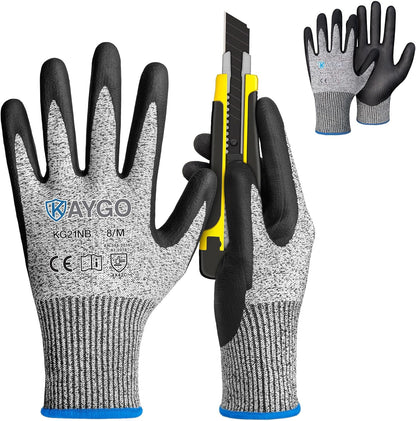 KAYGO 12 Pairs Cut Resistant Work Gloves for Men and Women,ANSI A3 Cutting Gloves,Nitrile Micro-Foam Safety Work Gloves KG21NB,Ideal for Wood Carving,Glass Handling, Construction,Fishing,Grey,S