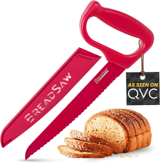 Ergonomic Bread Knife with Manual Hand Saw Style Handle, Red, 3CR13 Stainless Steel Blade