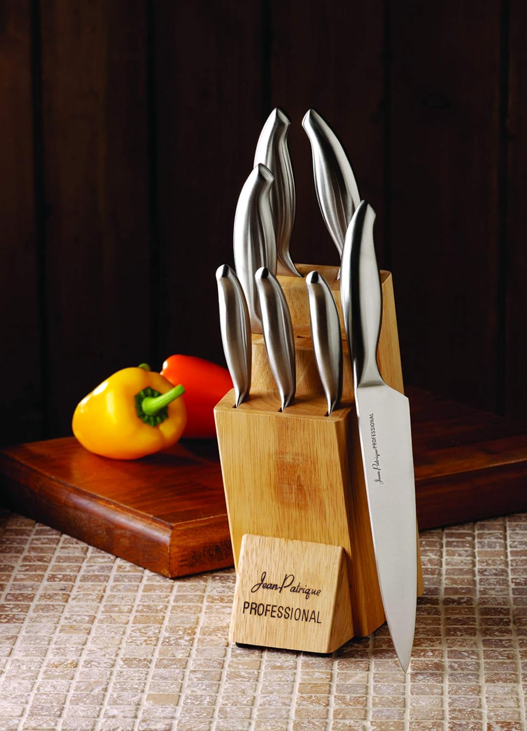 Jean-Patrique Chopaholic Kitchen Knife Set with Block - All Purpose Collection & Wooden Stand - Utility, Paring, Serrated, Bread, Slicing Knives - Sharp & Dishwasher Safe