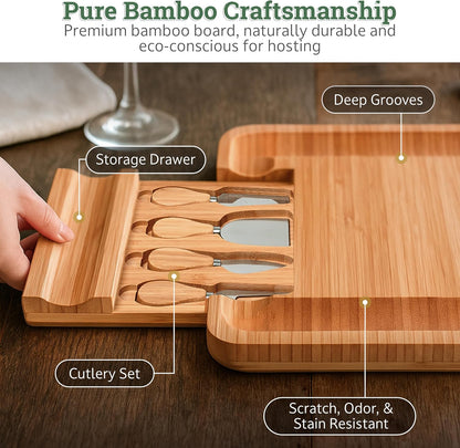 Dynamic Gear Bamboo Charcuterie Cheese Board Set with Knives - Low Maintenance Surface - Perfect for Wine and Cheese Nights - Sleek and Minimal Design - 13x13x2 inches - Dark Brown
