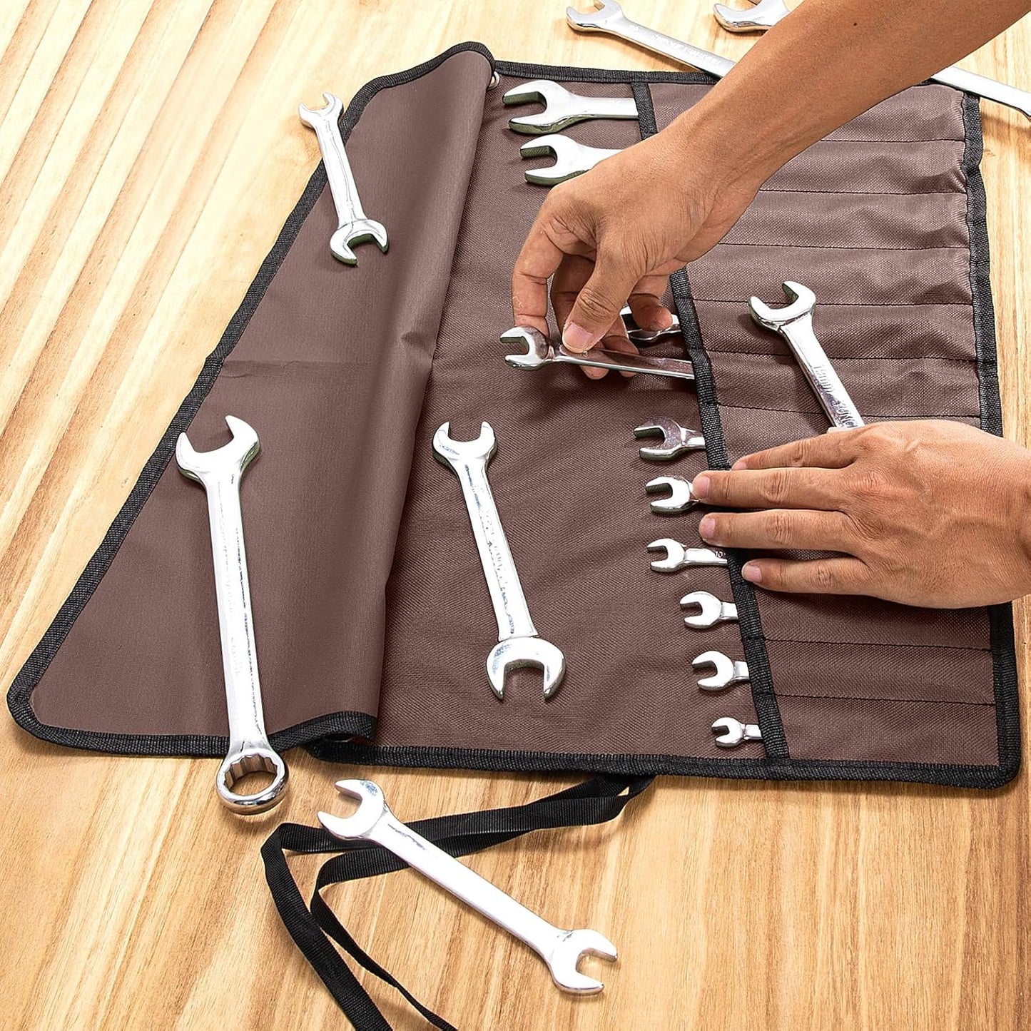 Chisel Roll,6 Pockets Roll Up Tool Pouch,Waxed Canvas Small Tool Roll Organizer and Wrench Roll Up Pouch,Store Chisel,Wrench,Pliers,Carving Knife (12-Brown)