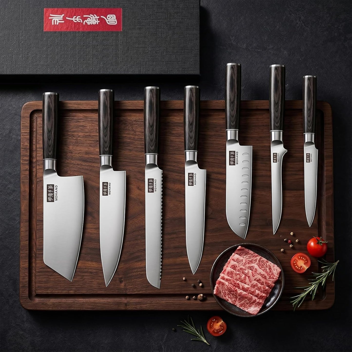 MDHAND Kitchen Knife Set, 7 Pieces Ultra Sharp Japanese Knife Set, High Carbon Stainless Steel Professional Chef Knives Set with Black Pakkawood Handle for Home Cooking, Dishwasher Safe