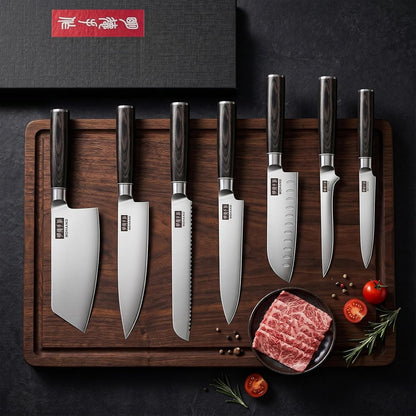 MDHAND Kitchen Knife Set, 7 Pieces Ultra Sharp Japanese Knife Set, High Carbon Stainless Steel Professional Chef Knives Set with Black Pakkawood Handle for Home Cooking, Dishwasher Safe