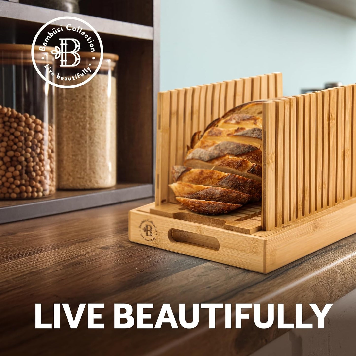 Bread Slicer for Homemade Bread - Adjustable Bamboo Bread Cutter with Knife, Foldable Slicing Guide & Crumb Tray - Bread Loaf Slicer for Sourdough, Cakes, Bagels, Loaves - Kitchen Gadgets Baking Gifts