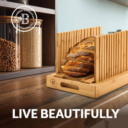 Bread Slicer for Homemade Bread - Adjustable Bamboo Bread Cutter with Knife, Foldable Slicing Guide & Crumb Tray - Bread Loaf Slicer for Sourdough, Cakes, Bagels, Loaves - Kitchen Gadgets Baking Gifts
